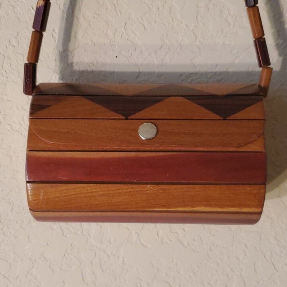 Vintage Wood Slat Barrel Shoulder Bag Multi Tone Chevron